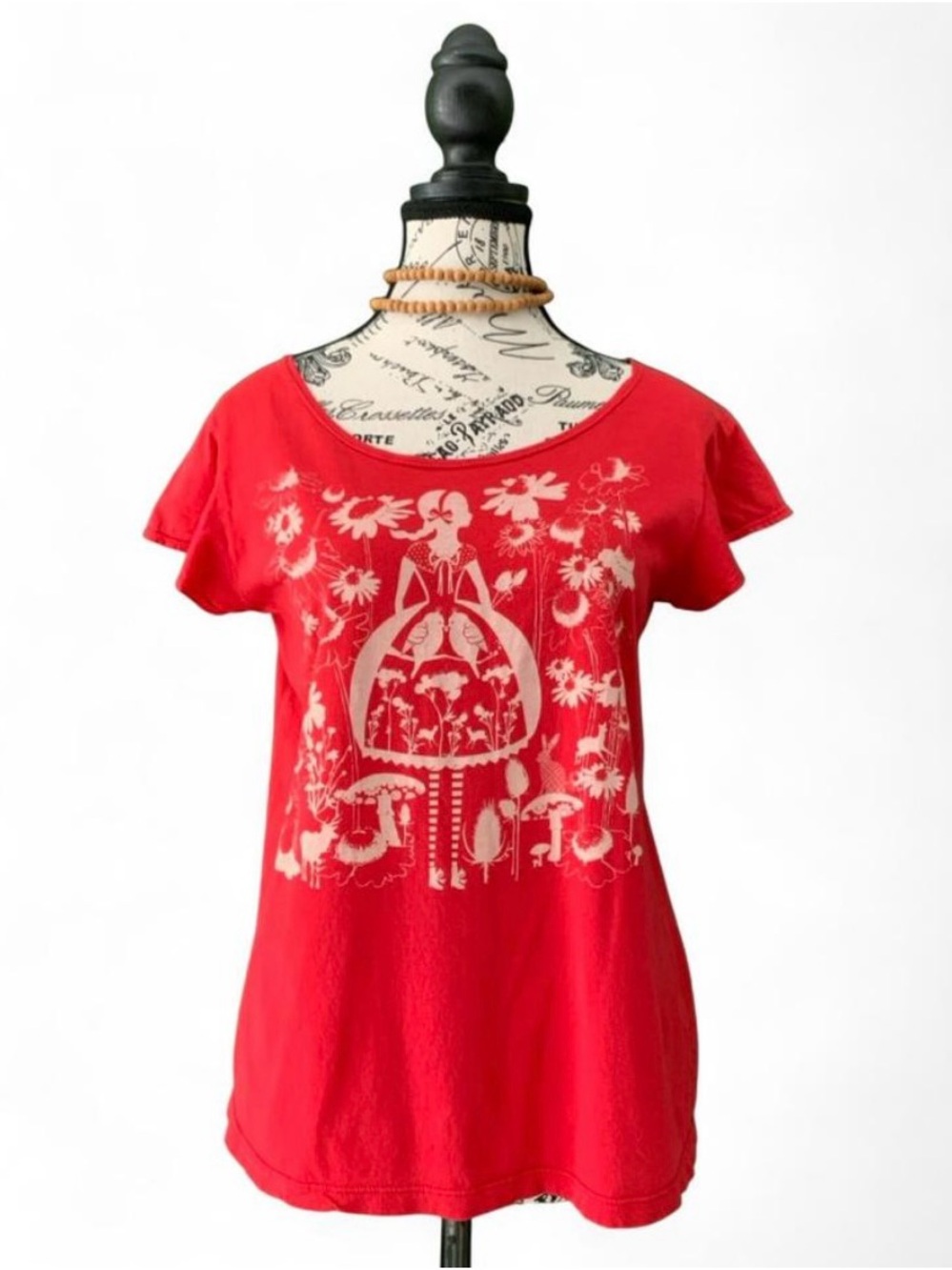 Blue Platypus Red Cotton Knit Woodland Girl Graphic Tee Sz L Cottagecore